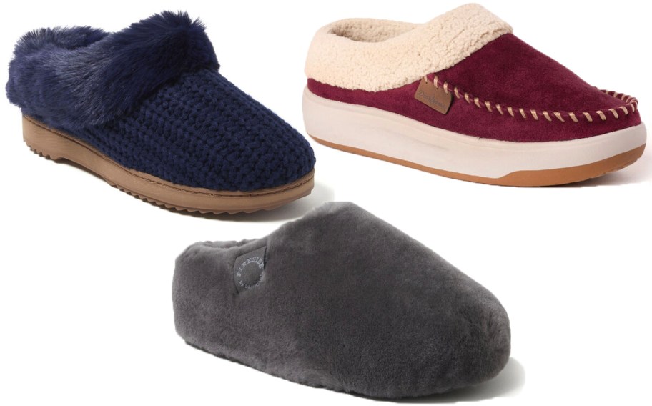 blue, red, and gray dearfoam clogs