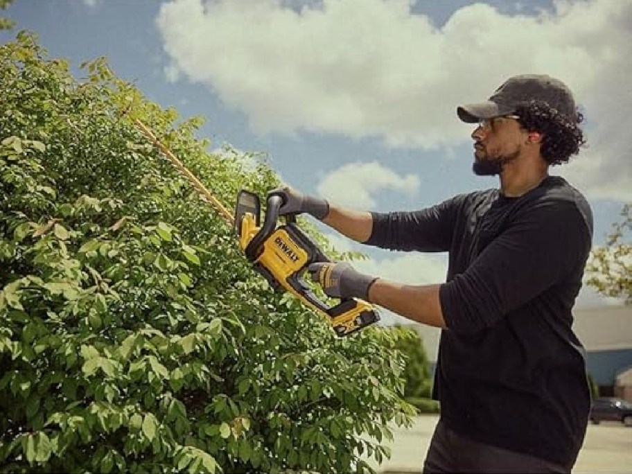 A man using a Dewalt hedge trimmer.