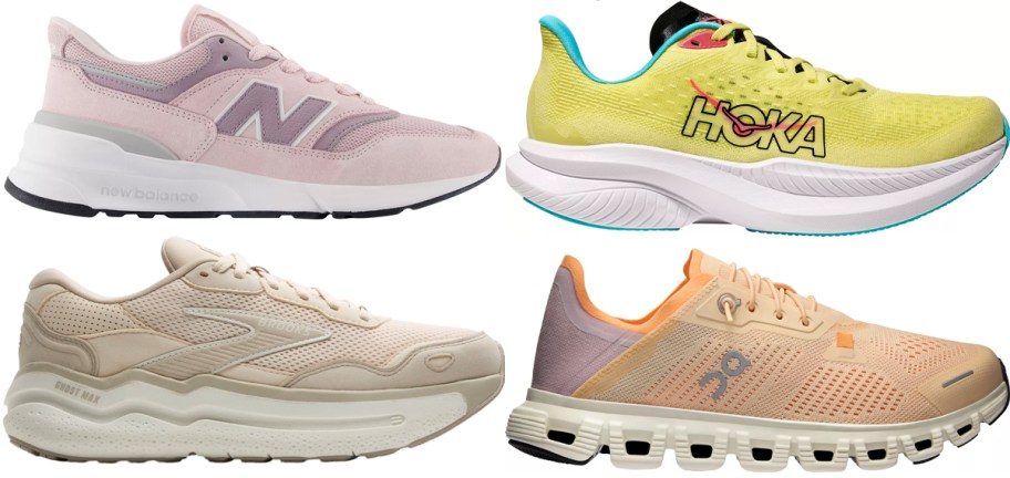 pink, peach, and yellow shoes