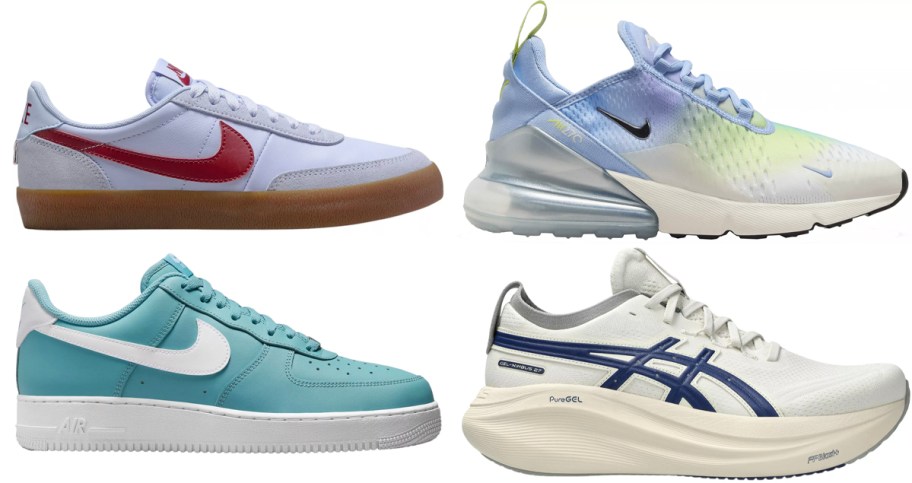 white and teal nike shoes and white and blue asics