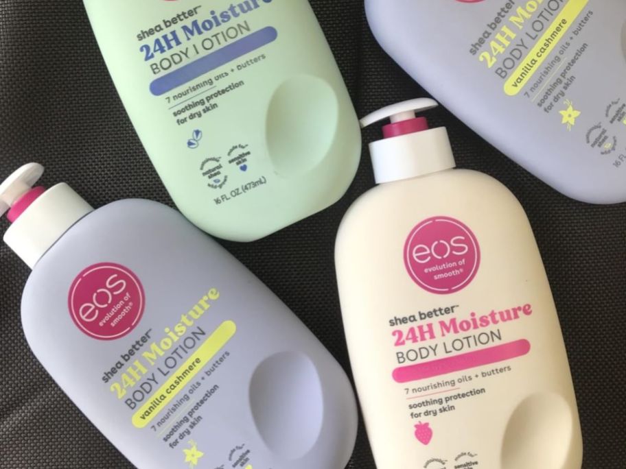 eos lotion bottles on table