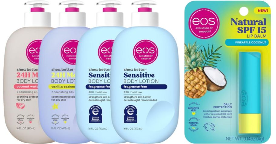 four eos lotion bottles and a lip balm