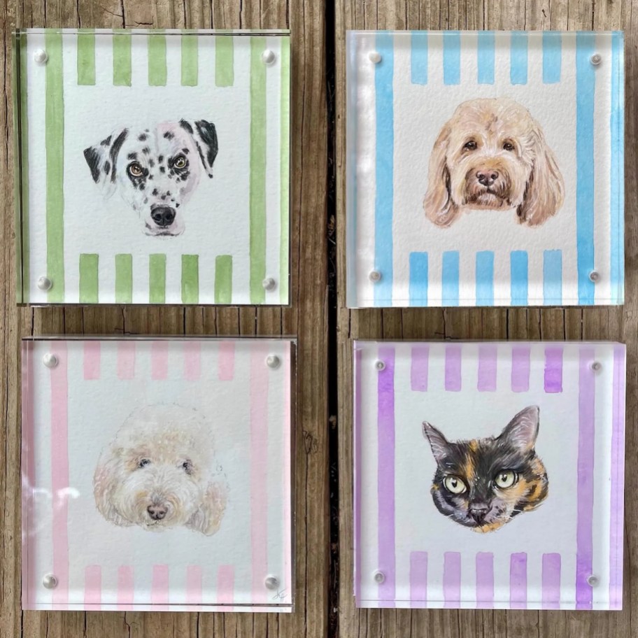 four dog and cat portraits on stripe frames