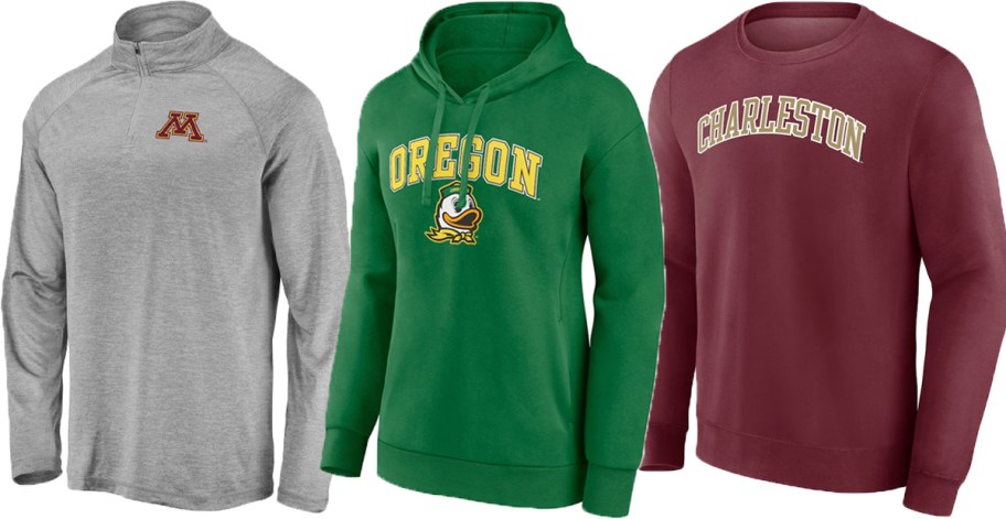 gray halfzip, green hoodie, and red sweatshirt
