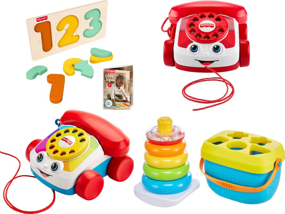 123 puzzle, two toy phones, and stacking toys 
