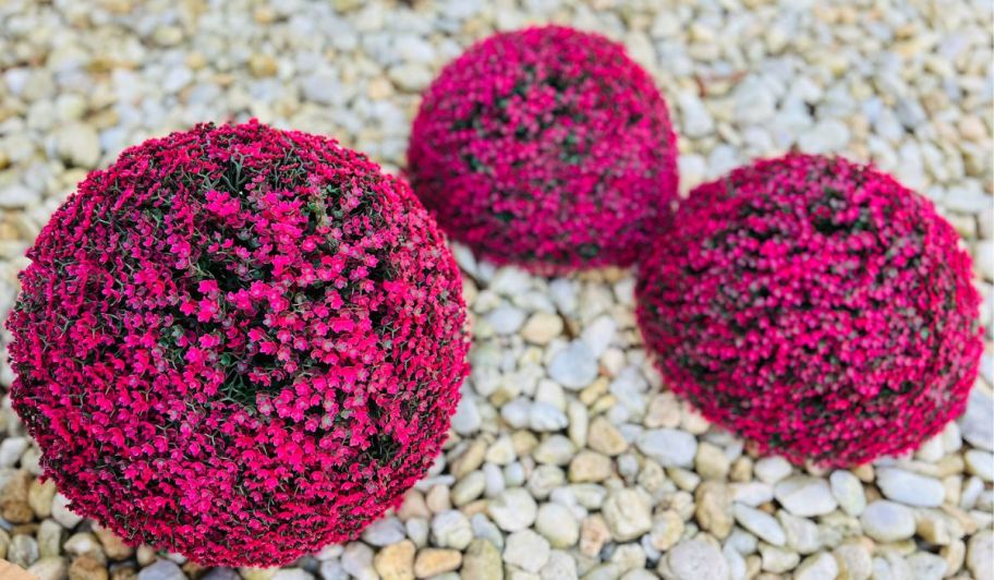 Three different size pink color floral spheres on the ground