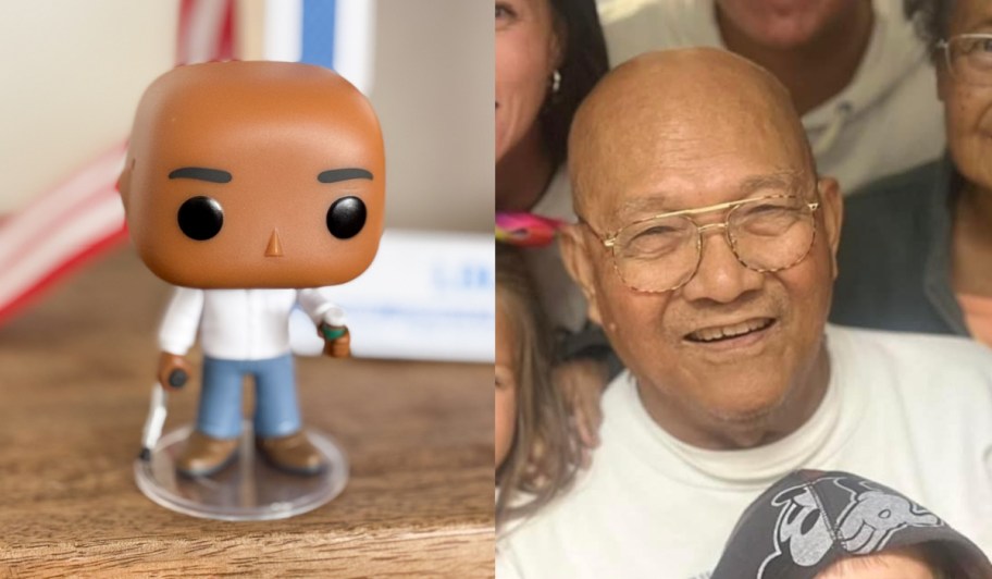 funko pop me figure next to real photo