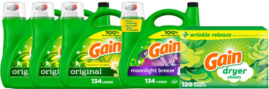 Many bottles of Gain detergent and a box of dryer sheets.