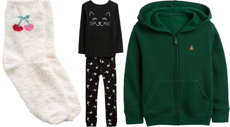 kids socks, pajama set, and hoodie