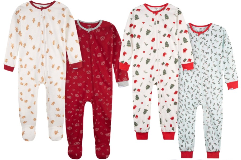 2 gingerbread and 2 christmas tree baby onesies