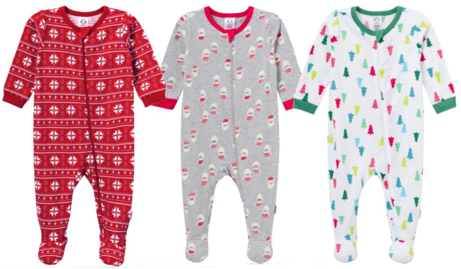 red snowflake, santa, and christmas tree footed baby pajamas