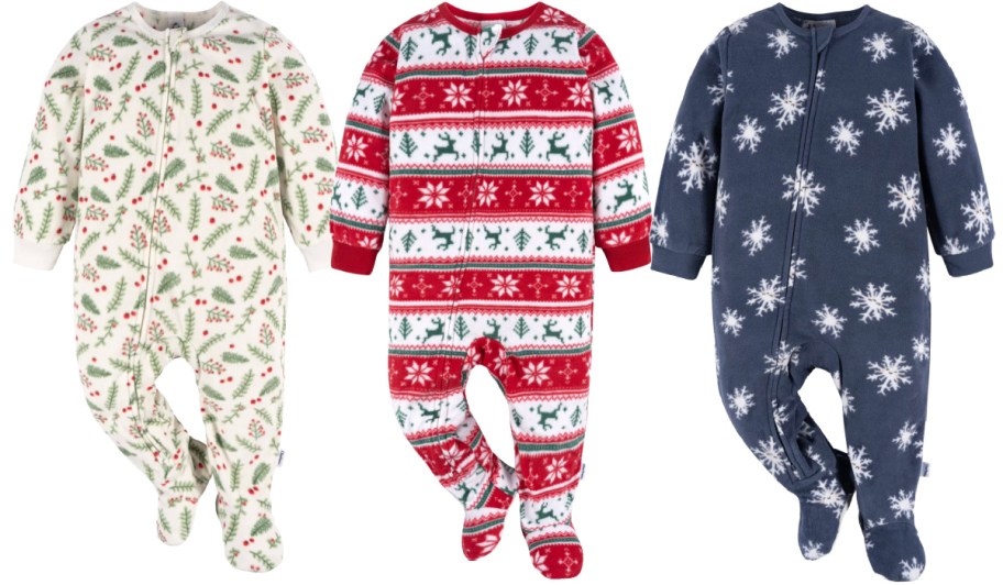 mistletoe, fair isle, and snowflake, fleece baby footed pajamas