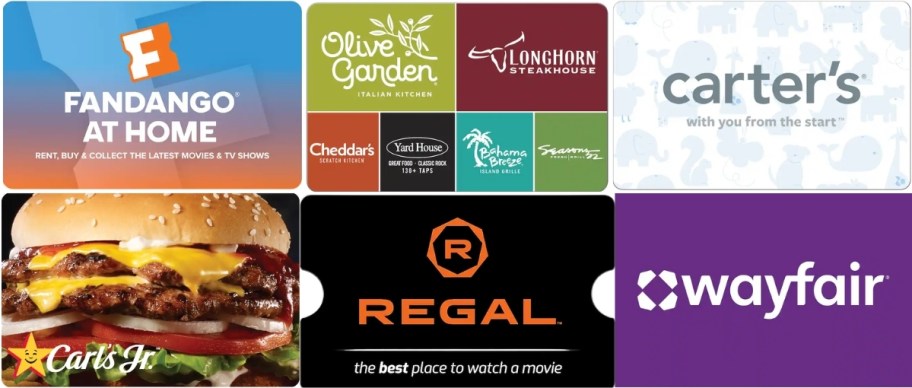 a selection of 6 different gift cards