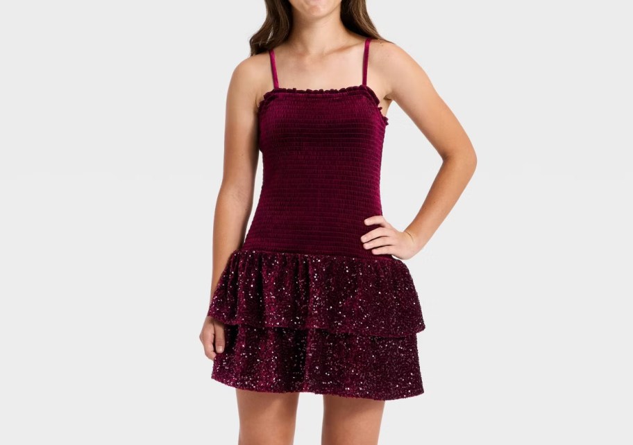 girl wearing red sequin dress