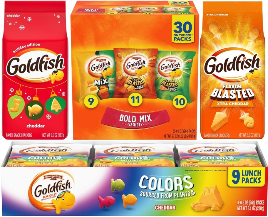 4 different size pack of goldfish crackers in different varieties