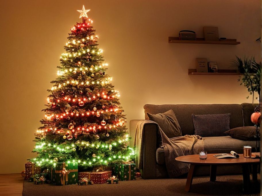 Govee 99' Christmas String Lights on tree in living room