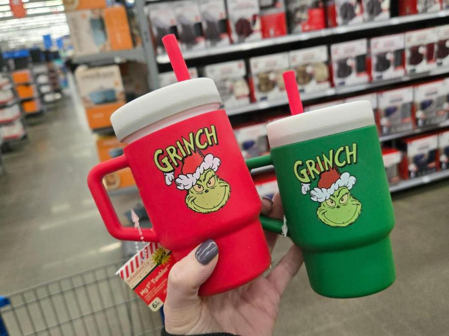 Two Grinch tumblers in red and green.