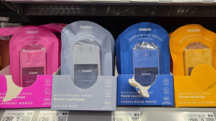 scent theory hand sanitizers in 4 scents on a store shelf