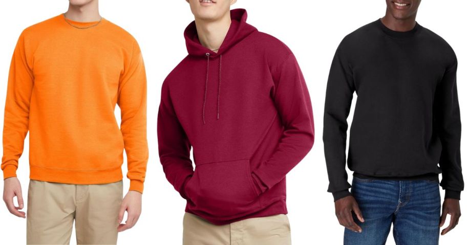 three men wearing hanes sweatshirts