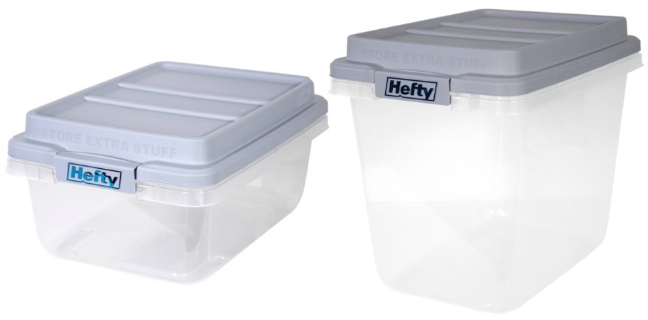 clear storage bins with blue/gray lids 