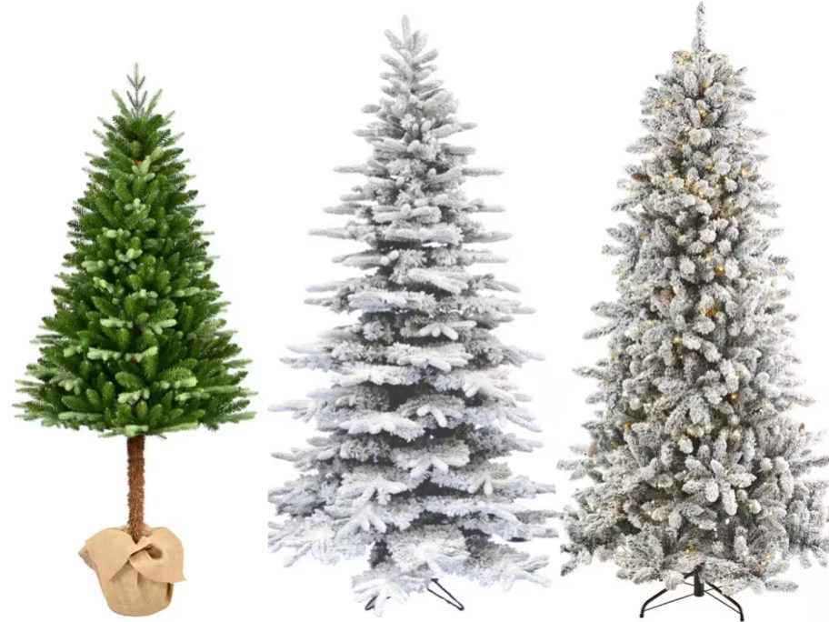 one green, and two white christmas trees