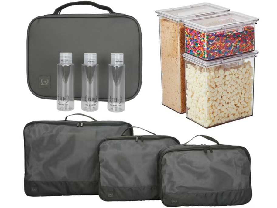 travel toiletry kit, packing cubes and food storage containers 