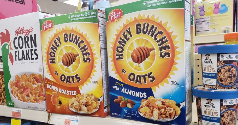 boxes of honey bunches of oats cereal on shelf in store