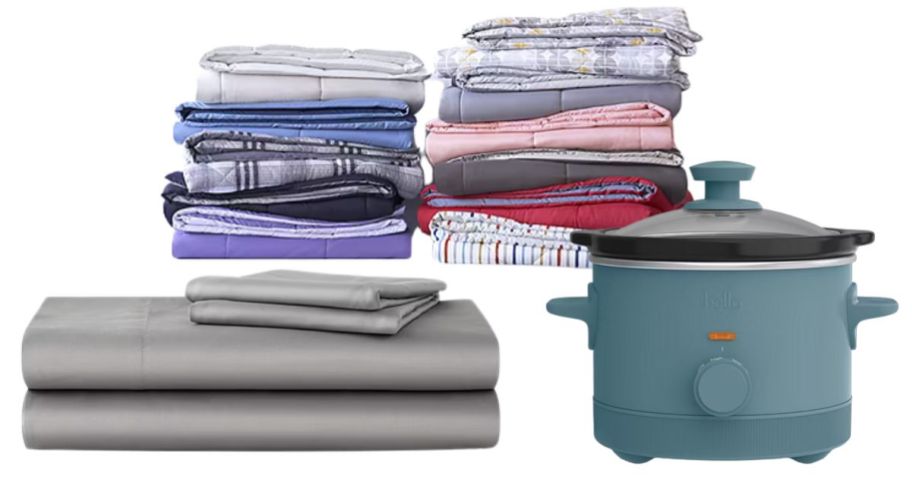 sheets, comforters, and a slow cooker