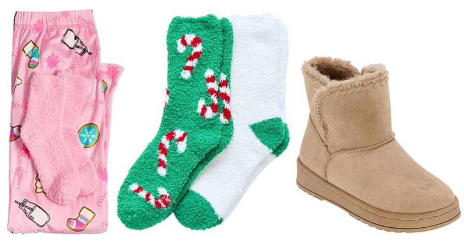 pajama pants, socks, and boots