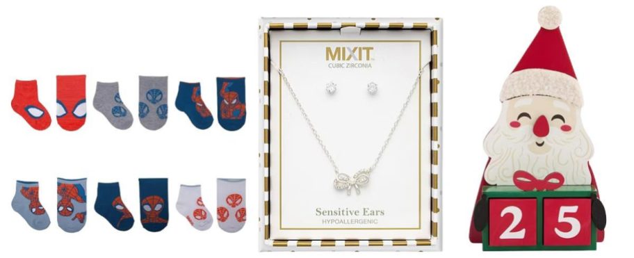 socks, jewelry, and a christmas countdown calendar