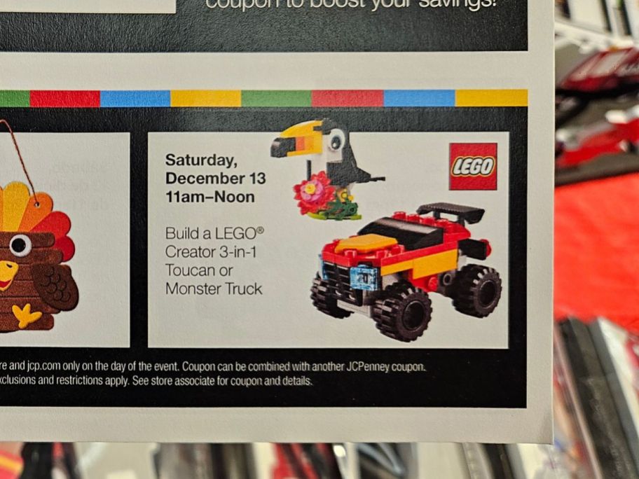 jcpenney kids zone flyer with LEGO Toucan or Monster Truck on it