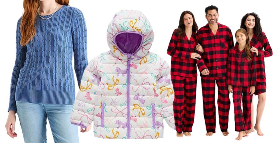 woman wearing a sweater, a kids puffer jacket, and a family wearing matching pajamas
