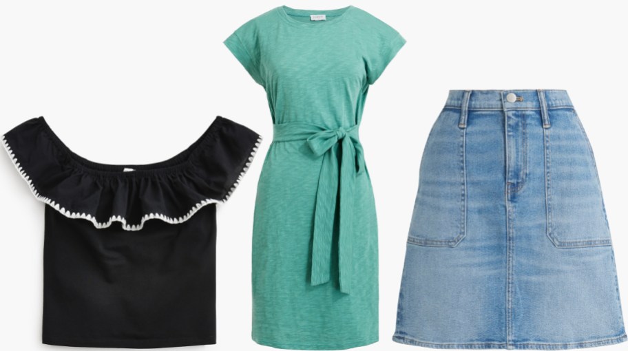 A black top, teal dress and denim skirt from JCrew.