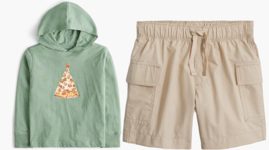 A green tshirt hoodie and tan shorts from JCrew.