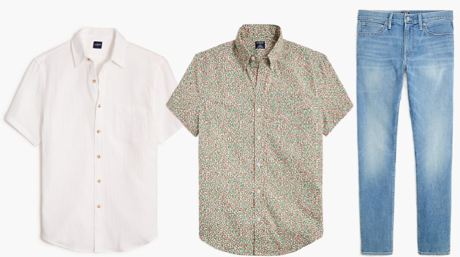 A white polo, multicolored polo and jeans from JCrew.