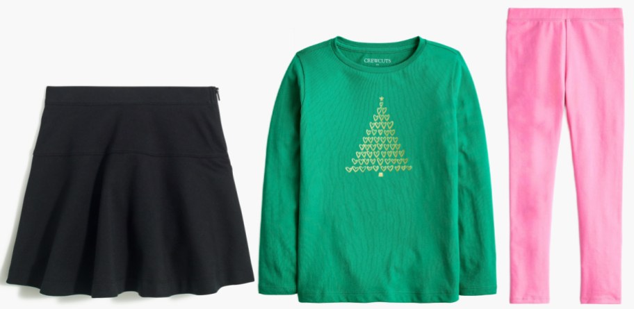 A black skirt, green holiday shirt and pink leggings from JCrew.