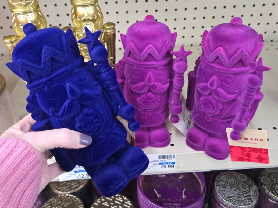 blue and purple flocked nutcrackers in store