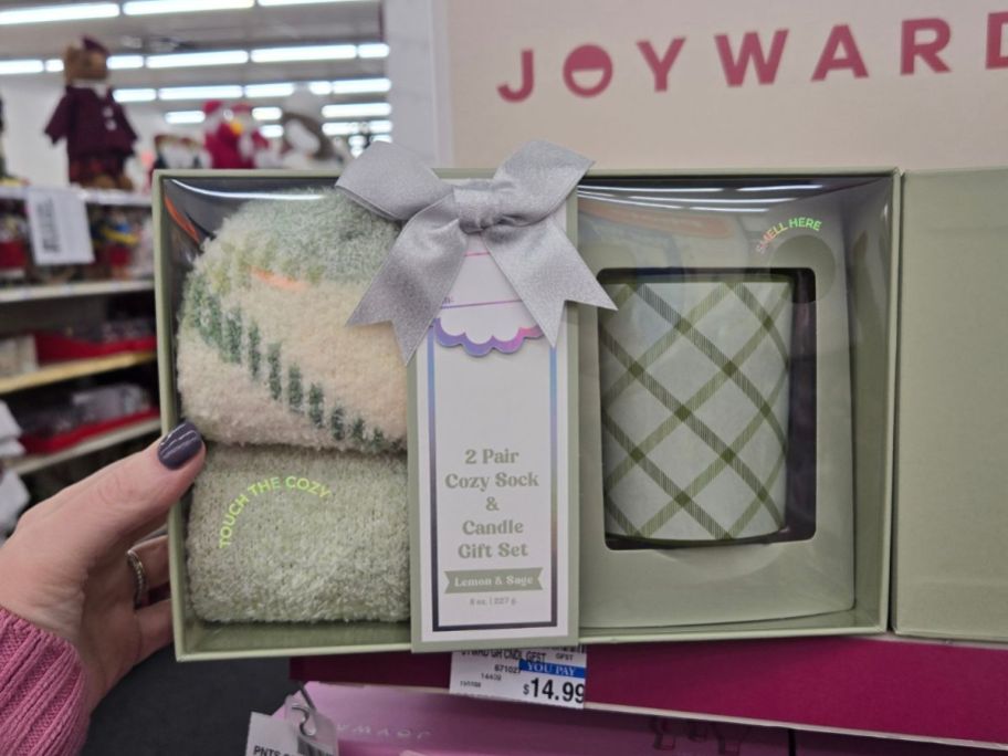 Joyward Sage Candle + Cozy Sock Gift Set in Lemon & Sage in hand in store