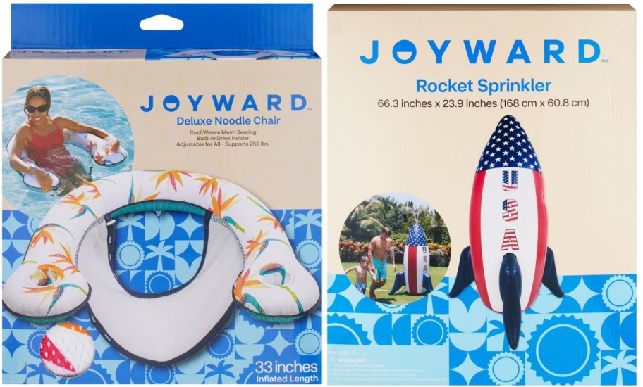 Two packaged Joyward water toys side-by-side: a Deluxe Noodle Chair pool float on the left, and a red, white, and blue inflatable Rocket Sprinkler on the right.