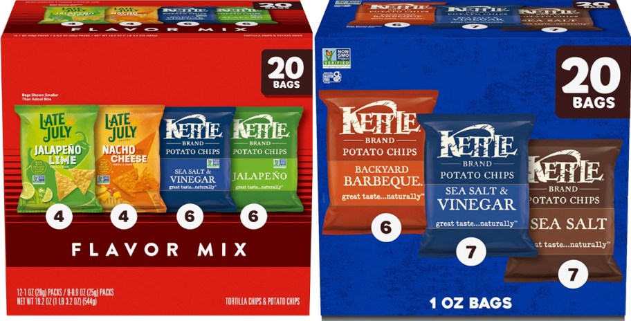 two boxes of kettle chips variety packs 