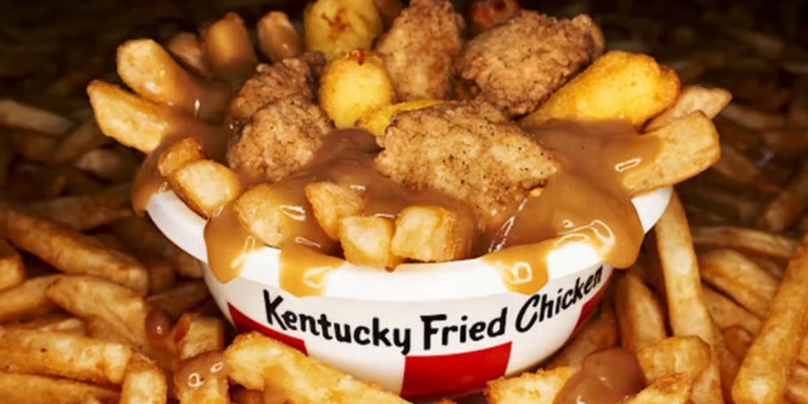 bowl with fries, chicken nuggets, cheese curds and gravy