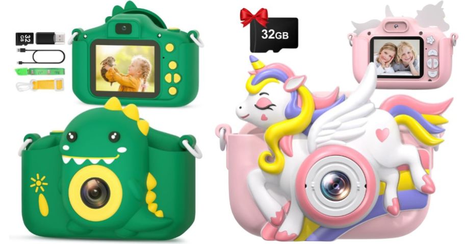 a dinosaur and unicorn kids digital camera and accessories