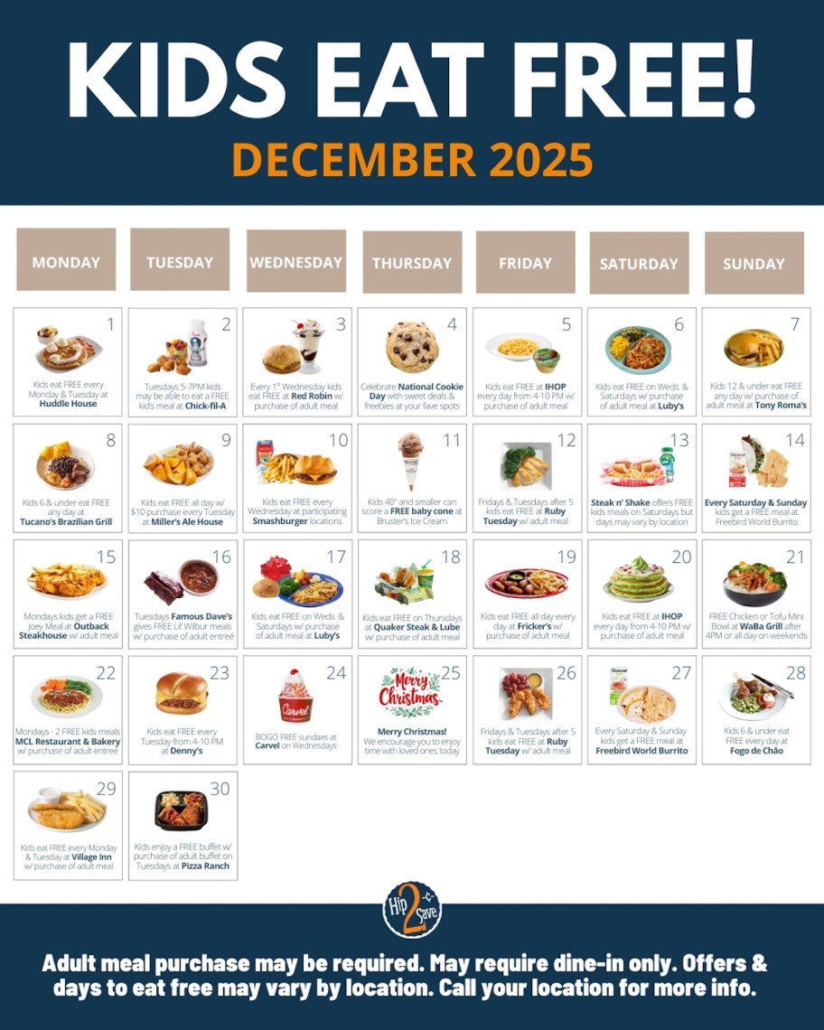 kids eat free december calendar graphic