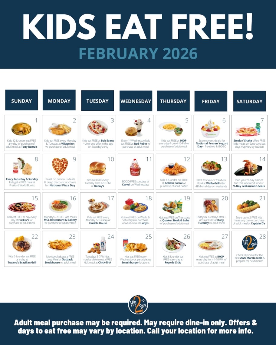 calendar graphic of where kids can eat free all month long in february 2026