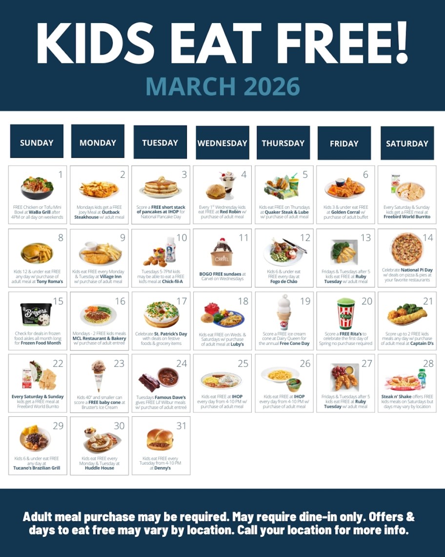 kids eat free calendar graphic of random meals