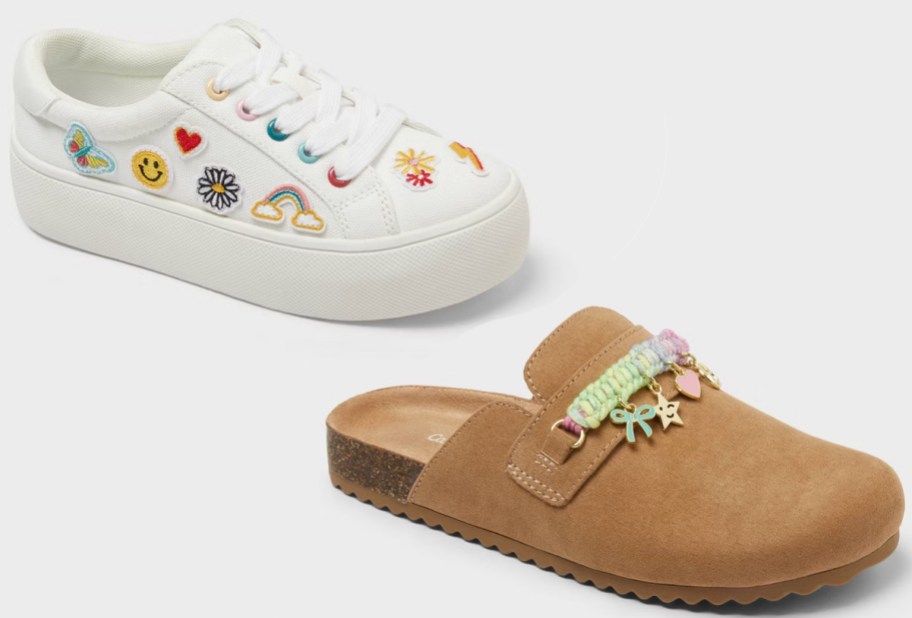white sneaker with rainbow, heart patches and brown clogs