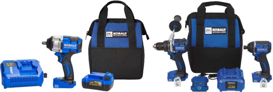 two tool kits with batteries and chargers