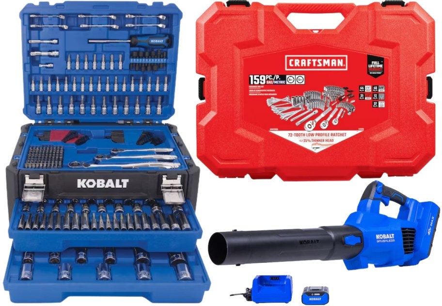 two tool sets and a leaf blower