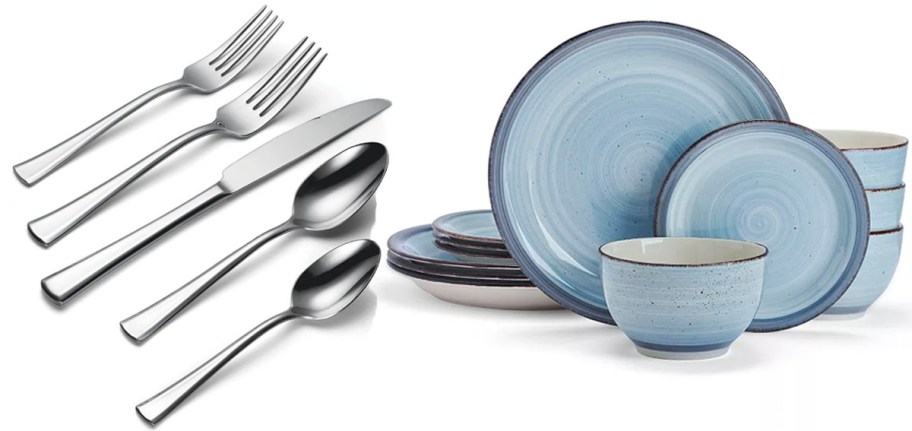 flatware and blue dinnerware set 
