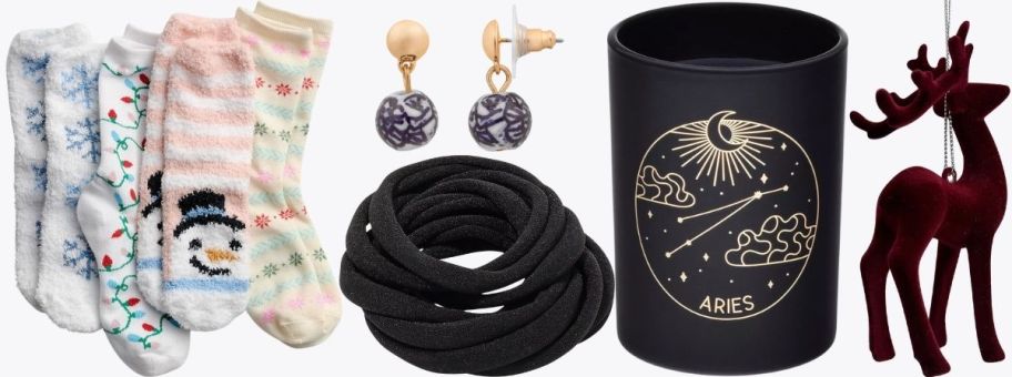 cozy socks, hair ties, earrings, a candle and a deer ornament